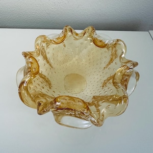 Vintage Murano Hand Blown Glass Decorative Dish Bowl with Control Bubbles Gold Amber Color