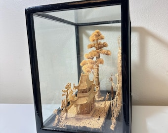 Vintage Antique Chinoiserie Chinese Handmade Cork Diorama in Black
