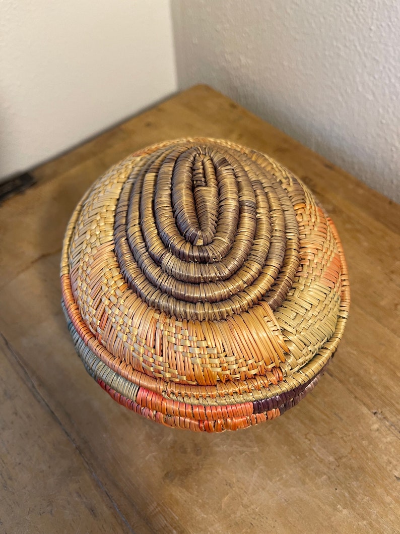 Vintage Boho African Small Basket With Lid Colorful Design Handmade
