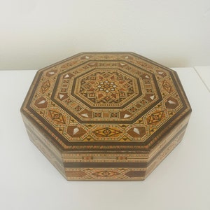 Vintage Middle Eastern Wood Jewelry or Trinket Box | Khatam Kari Wood Mosaic Inlay | Boho Vanity Decor
