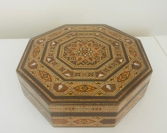 Vintage Khatam Kari Wood Mosaic Box, Wood Inlay Jewelry Box, Middle Eastern Boho Decor, Handmade Vanity Trinket Box, Vintage Keepsake Box