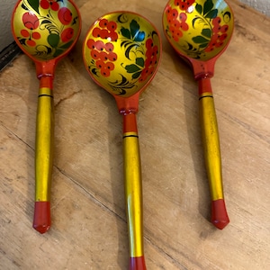 Vintage Russian Khokhloma Hand Painted Wood Lacquerware Serving Spoons | Set of 3
