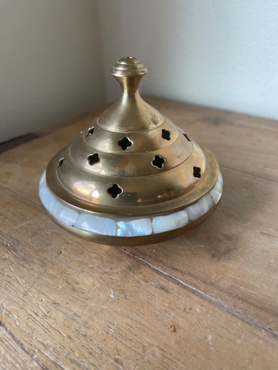 Vintage Boho Brass Bowl With Lid and Shell Design Etsy