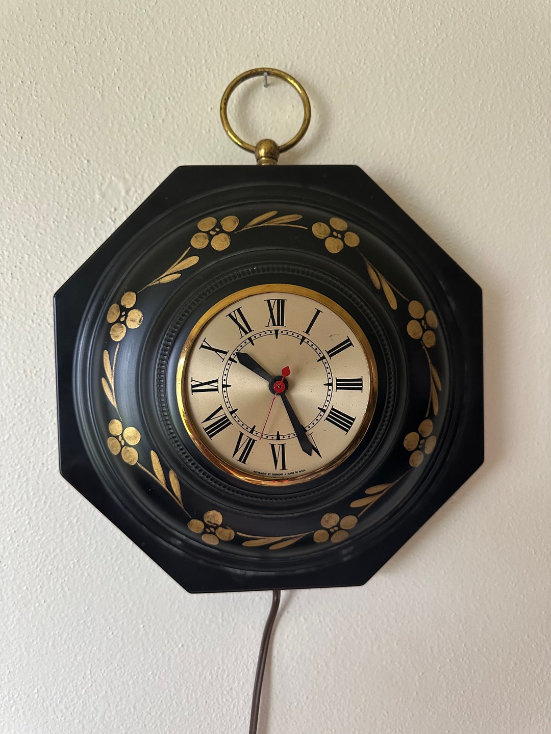 Vintage Wall Clock Gold Painted Floral on Black Metal Toleware Style - Etsy