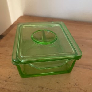 Vintage Uranium Glass Dish with Lid | Hazel Atlas