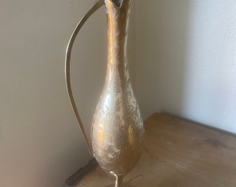 Vintage Boho Etched Brass Pitcher Floral Design | India | 10.5"