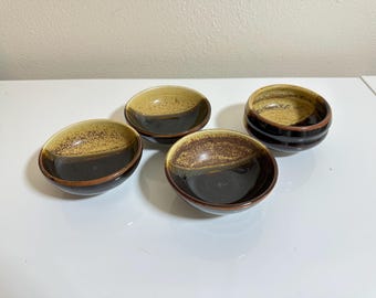 Vintage Studio Pottery Stoneware Bowls, Set of Small Drip Glaze Speckled Ceramic Bowls, Handmade Rustic Farmhouse Kitchen Decor | Set of 4