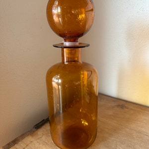 Vintage MCM Mid Century Handblown Glass Bottle with Stopper in Amber Color