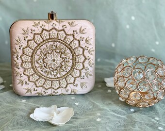 Peachy nude embroidered zardozi bridal clutch/embroidered clutch bag/gift for her/zari work clutch in nude/potli bag/handmade embellished