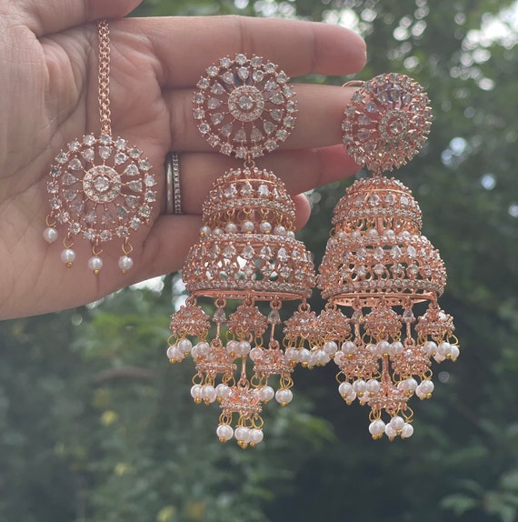 Gorgeous American diamond cubic zirconia chandelier earrings and tika set in silver and white rose goldIndian jewelry tika and earrings
