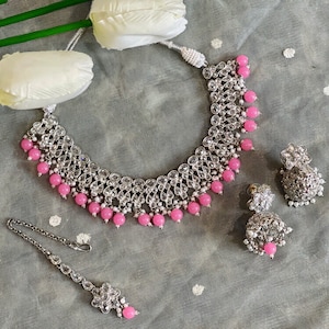 Blue Indian Polki jewelry/pink polki Kundan choker set/ blue/ pink and silver Polki kundan set/ blue and silver bridal Polki choker