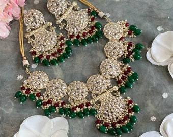 Dark Green Maroon Kundan AD choker/green and red bridal Kundan choker set/Pink and grey Kundan necklace set/Kundan choker set with earrings
