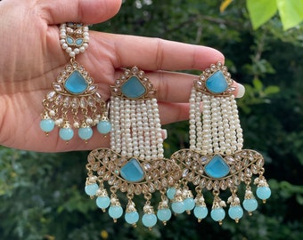 Polki kundan earrings and tika set/ dangle and drop/ Pakistani jewelry/firoza blue/maroon red /dark green/Indian jewelry