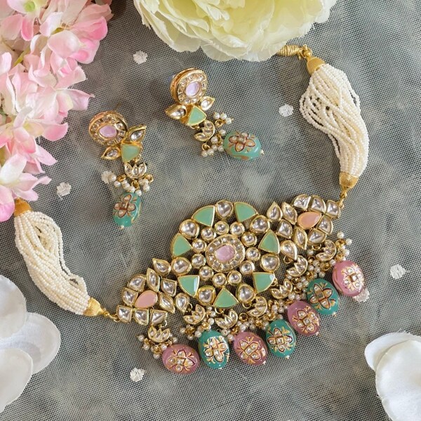kundan choker set in pastel pink and green/pink green Kundan choker/bridal Kundan choker/pink Indian Jewelry/fashion jewelry