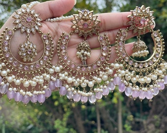 Polki kundan earrings and tika set/ dangle and drop earrings and tika set in lavender/multi/ hot pink/dark green/Yellow Polki jewelry