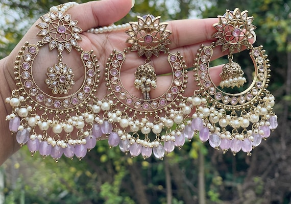 Polki Kundan Earrings and Tika Set Dangle and Drop Earrings and