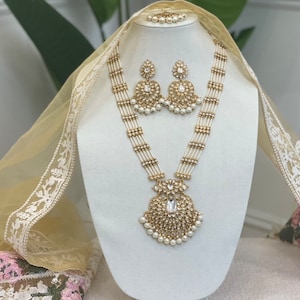 Weißgold Polki Kundan langes Raani Haar in Multi/Polki Haar/lange Kundan Halskette/Elfenbein Gold Jadau Halskette mit Jhumka Ohrringen und tika