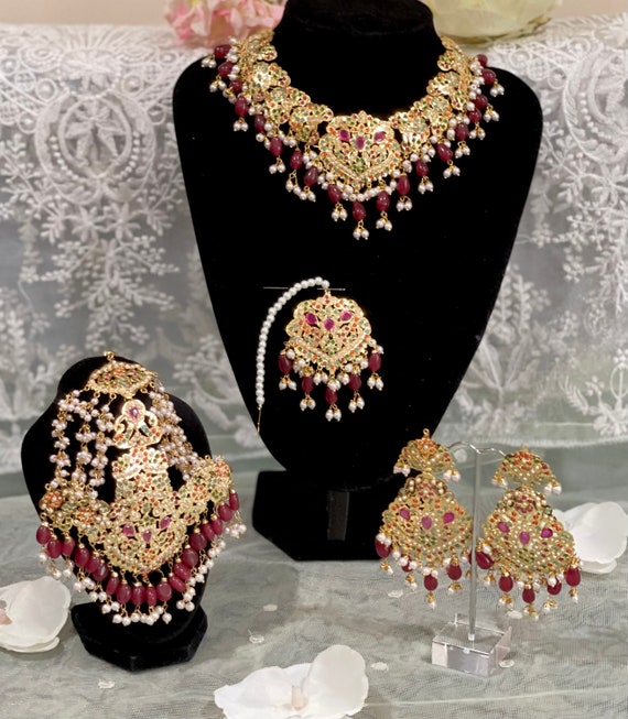 Pure Jadau Bridal Choker Set in Maroon Red Navratan Jadau Choker Set With Passa sabyasachi Inspired Bridal Jewellery hyderabadi Jewelry Etsy UK
