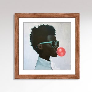 Framed Black Boy Art, Bubble Gum Print, Natural Wood Frame