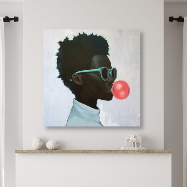 Black Art, African American Art, Black Boy Art, Canvas Art, Bubble Art Print, Boy Blowing Bubble Gum, Home Decor Wall Art, Christmas Gift