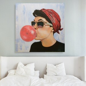 Blowing Bubble Gum Woman Canvas Art, Modern Wall Decor