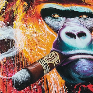 Tela XXL raffigurante un gorilla che fuma - Arte murale raffigurante un sigaro - Arte murale raffigurante una caverna maschile - Arte su tela extra large - Stampa su tela raffigurante un gorilla - Regali per lui