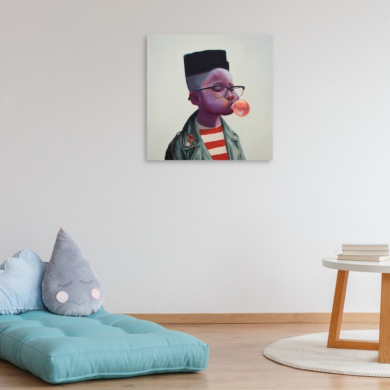 Blowing Bubble Gum Wall Art, Art Canvas, Black African American Art, Modern Black Art Canvas 12 x 12 inches