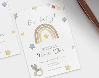 Editable Printable Template | Baby Shower Invitation | Instant Download | Rustic Simplistic Minimalist Rainbow