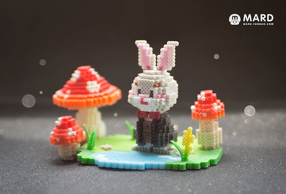 Set of 2 Alice in Wonderland White Rabbit & Mushroom 3D Perler Bead Pattern  Tutorial 