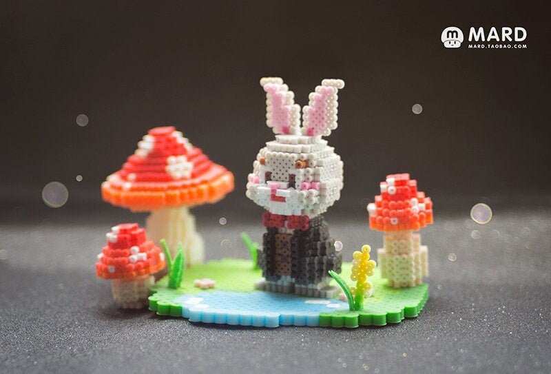 Set of 2 - Alice in Wonderland White Rabbit & Mushroom 3D Perler Bead ...