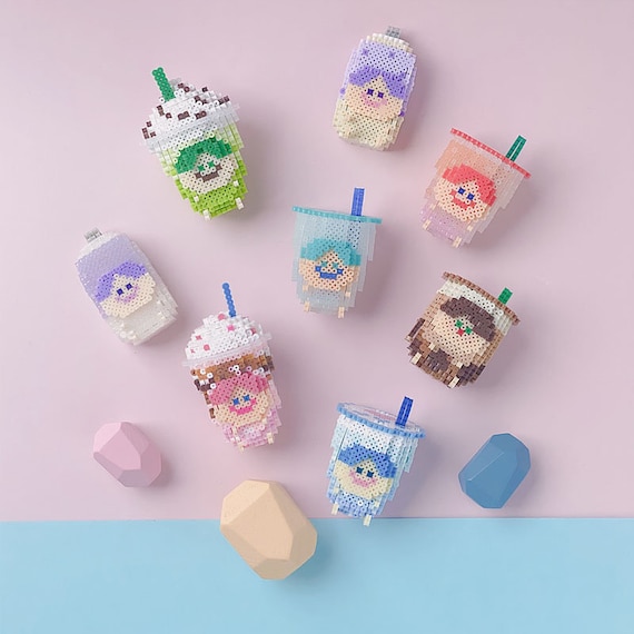 Set of Cute Beverages 3D Perler Bead Pattern Tutorial - Main Image