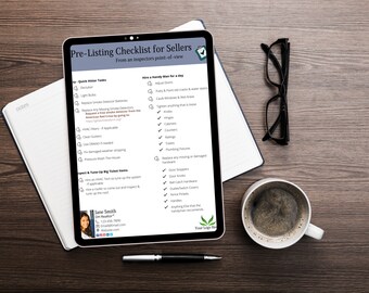 May include: A pre-listing checklist for sellers from an inspector's point of view. The checklist includes tasks such as replacing smoke detectors, cleaning gutters, and hiring a handyman. The checklist also includes a section for big ticket items such as HVAC tune-ups and roof inspections. The checklist is on a tablet computer with a pen and a cup of coffee on a wooden table.