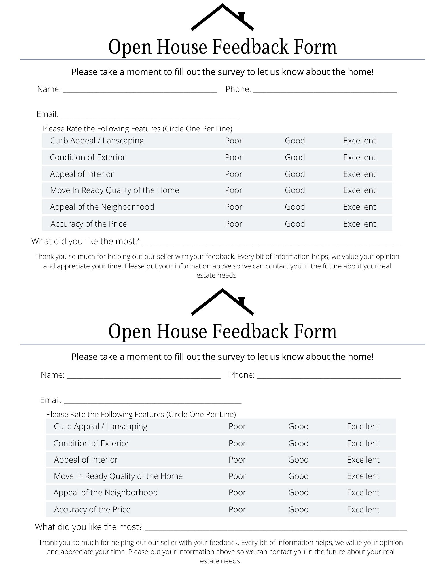 Open House Feedback Form Etsy