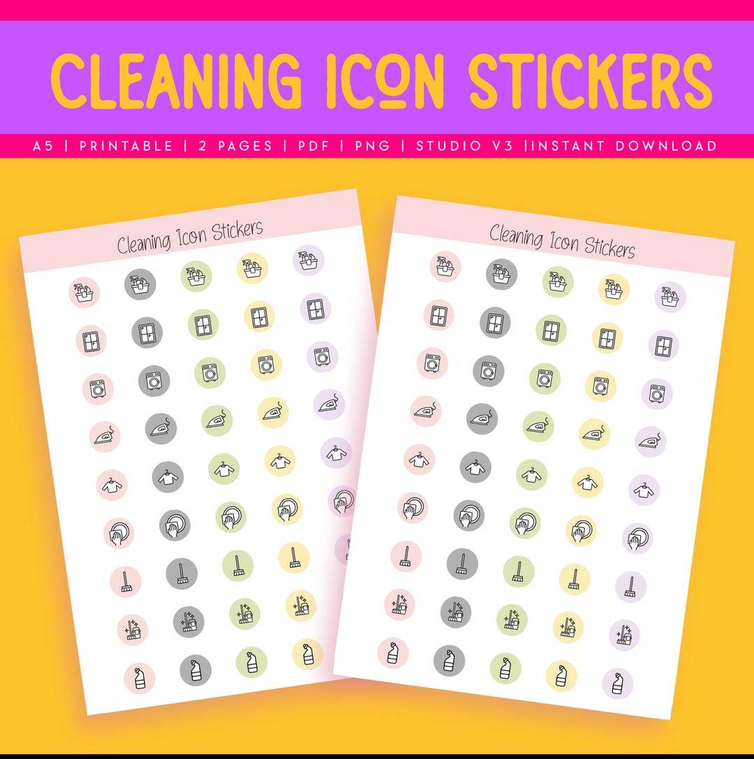 Cleaning Icon Stickers | Printable A5 Sticker Sheets | 2-page Digital ...