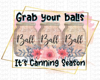 May include: A gold-framed sign with the text "Grab your balls It's Canning Season" in black lettering. Three mason jars with the word "Ball" written on them are in the center of the sign. Pink watercolor flowers are behind the jars.