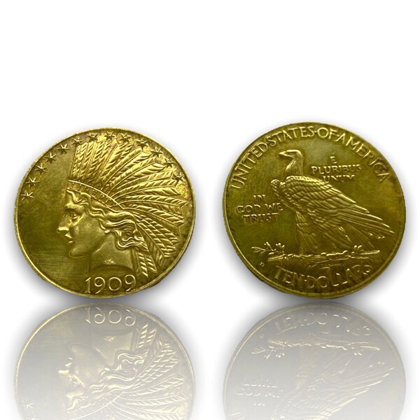 Gold coin Indian Head and American Eagle 10 dollars coin 1909 REPLICA gold plated 24k, USA proof in God we trust