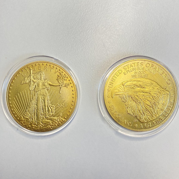 Goldmünze American Eagle 1 oz 50 Dollar Münze REPLIKA vergoldet 24k, USA Beweis in Gott wir Vertrauen