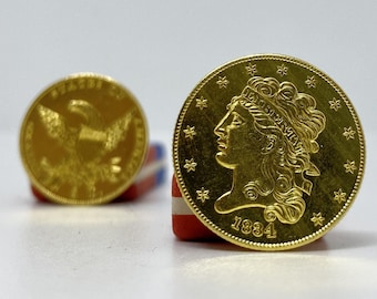 Gold plated coin 5 dollars 1834 REPLICA gold plated 24k, USA proof in God we trust ultra rare