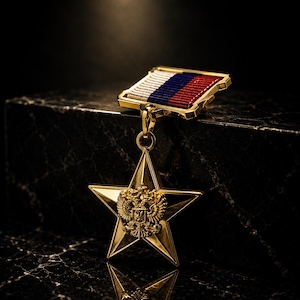 Vergulde Russische medaillereplica Hero of Labour of the Russian Federation 1st, gemaakt in Griekenland