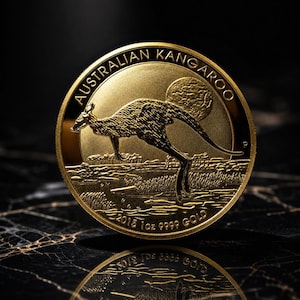 Op de afbeelding: Een gouden munt met de tekst "AUSTRALIAN KANGAROO" en het jaar "2015". De munt toont een gedetailleerde afbeelding van een kangoeroe die over een landschap springt. De munt is 1 oz 9999 goud.