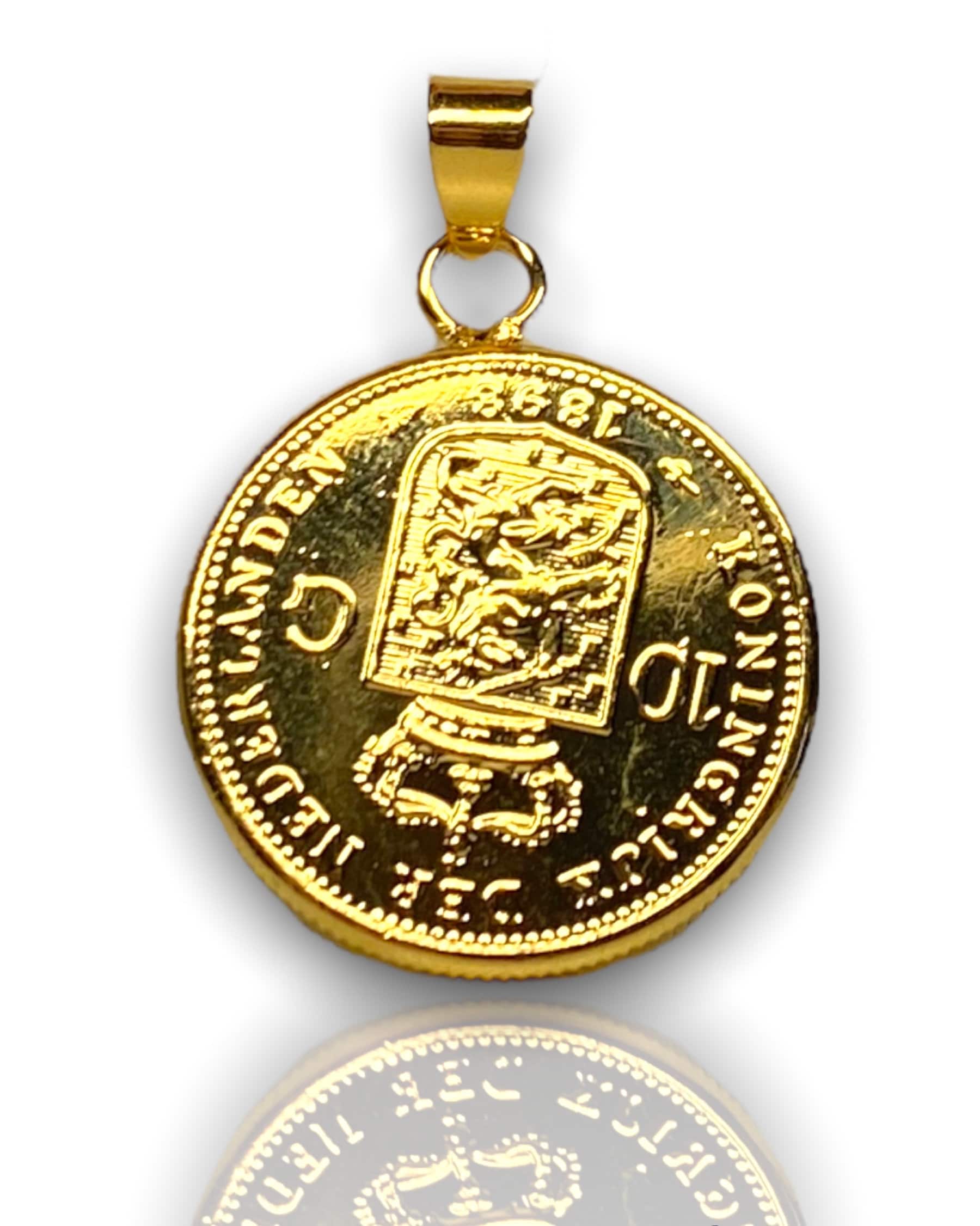 Pendant Necklace of A Gold Plated Coin Netherlands 1898 Wilhelmina I 10 Gulden Dutch Empire