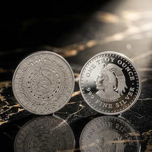 Pode incluir: Duas moedas de prata. Uma moeda apresenta um design detalhado do calendário asteca. A outra moeda tem o perfil de uma pessoa com um cocar, com o texto "ONE TROY OUNCE .999 FINE SILVER".
