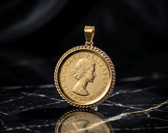 22 mm Vergoldeter Anhänger mit Queen Elizabeth Münze, 22k verdrehte Lünette Sterling Silber 925 Basis, British Sovereign Replica Schmuck