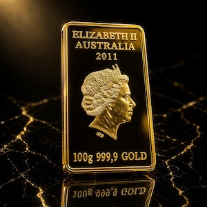 May include: A rectangular gold bar with the text "ELIZABETH II AUSTRALIA 2011" and a profile of a person. The bar also has the text "100g 999.9 GOLD". The bar is on a reflective surface.