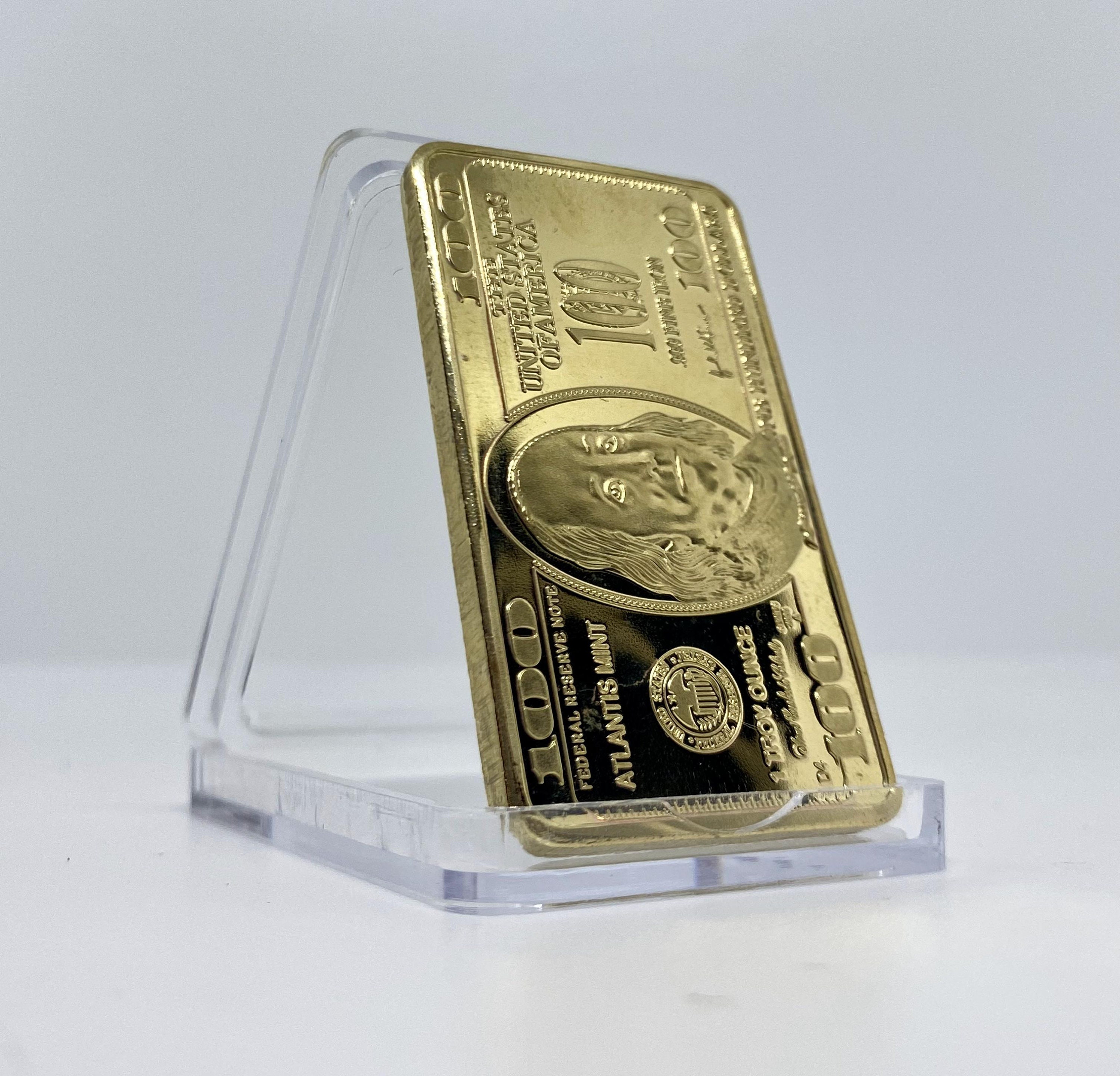 100 In Gold Gold 100 Dollars Bar 1OZ REPLICA Goldplated Gold Bullion Bar ...