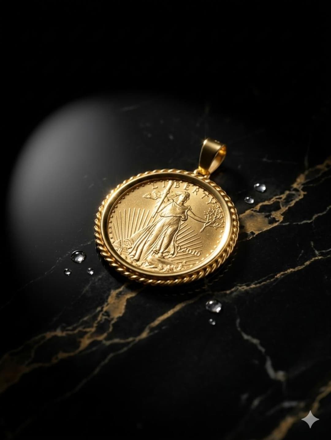 22mm Gold Plated Pendant With 1/4 Oz Liberty Coin, 22k Twisted