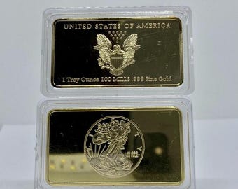 Barra de oro de Estados Unidos de 1 oz, réplica, barra de lingotes de oro chapada en oro conmemorativa (rellena de hierro)