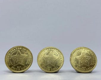 A set of three Gold plated coins 4 Dollars, 400 cents, 4 stellas, United States, 1879-1880 REPLICA gold plated 24k USA