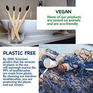 May include: Four bamboo toothbrushes with black bristles in a clear glass on a white countertop. The text "BAMBOO VALLEY" is visible on the toothbrushes. The background is a bathroom with a white sink. The text "VEGAN" is in a green box with the text "None of our products are tested on animals and are eco-friendly". The text "PLASTIC FREE" is in a green box with the text "By 2050, Scientists predict that the amount of plastic in the sea will outweigh marine life. 99% of toothbrushes are made from plastic. By choosing our bamboo toothbrushes, you are protecting the planet and our oceans".