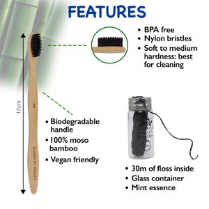 May include: A set of bamboo toothbrush and dental floss. The toothbrush has a black nylon bristle head and a brown bamboo handle. The dental floss is black and comes in a glass jar with a metal lid. The floss is 30 meters long and has a mint essence.